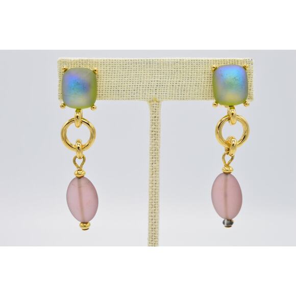 Givenchy Vintage Cabochon Clip On Earrings Pastel Frosted Pink Blue Signed BinZ - Picture 1 of 12